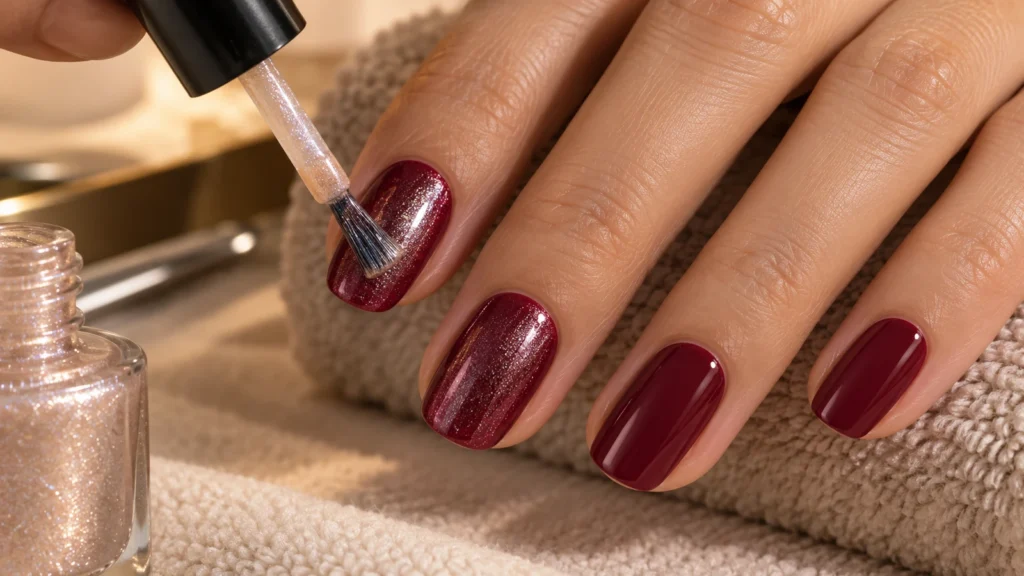 Aplicação de esmalte cintilante sobre uma base cremosa vinho