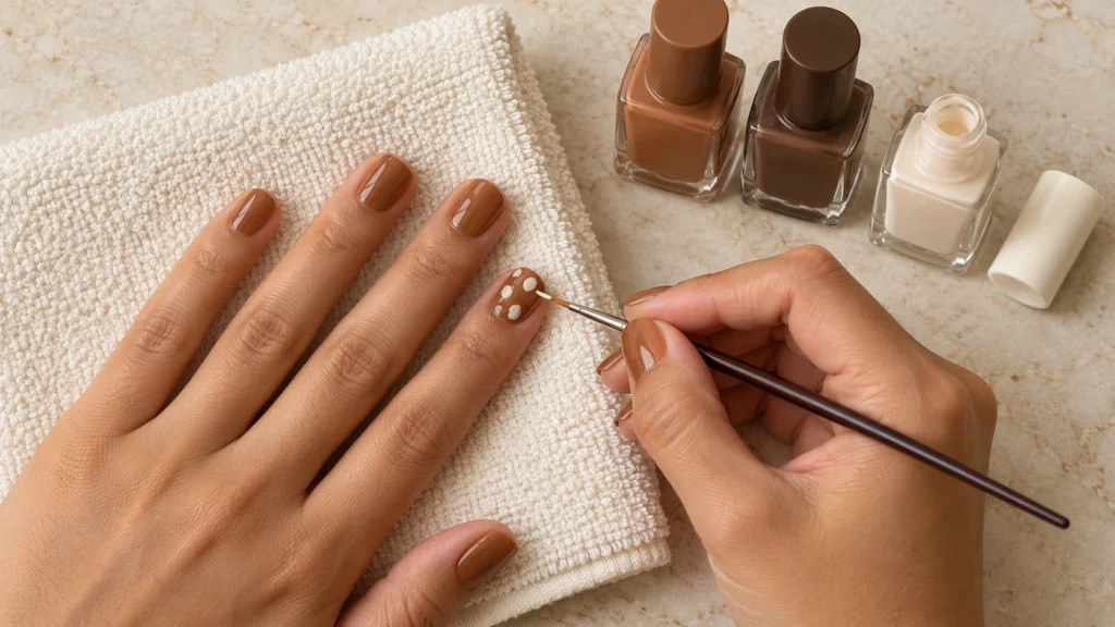 As unhas Bambi transformam o animal print em uma manicure marrom delicada Aplicação de manchas brancas irregulares para fazer unhas Bambi