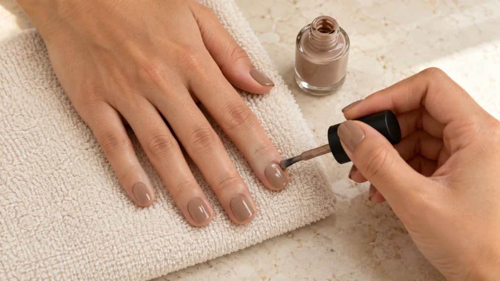 Aplicação de esmalte café com leite para fazer unhas latte