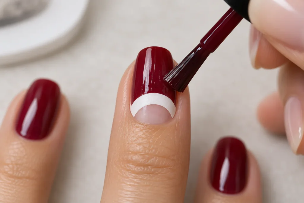 Aplicação de esmalte com adesivo-guia semicircular para criar a manicure meia-lua.
