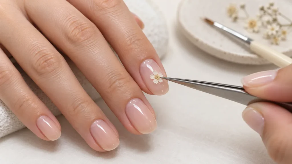 Unhas encapsuladas: o que são, como são feitas e ideias delicadas Nail designer posicionando uma flor seca durante o encapsulamento de uma unha.