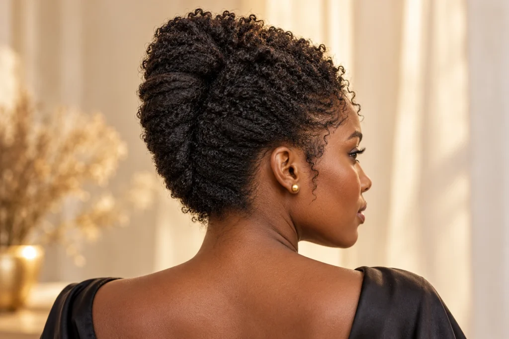 mulher negra usando coque banana em cabelo crespo com textura natural preservada