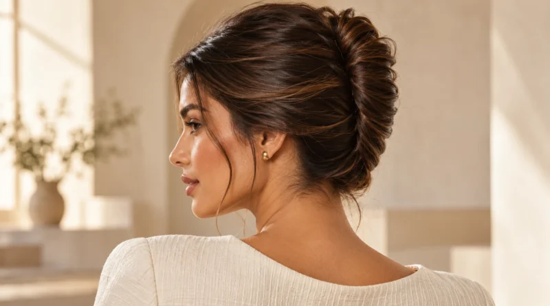 O coque banana voltou mais solto — o clássico French twist está por toda parte em 2026 mulher usando coque banana moderno com acabamento suave e elegante