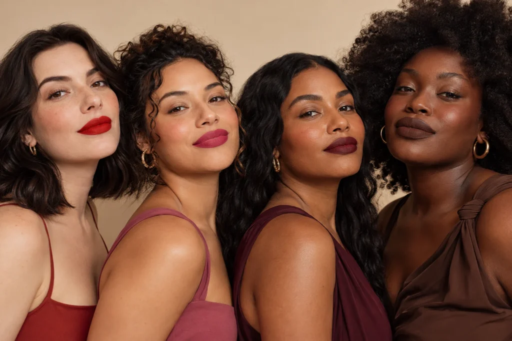Batom aveludado: a cor intensa voltou mais confortável Batons aveludados vermelho, vinho, marrom e rosa em diferentes tons de pele.