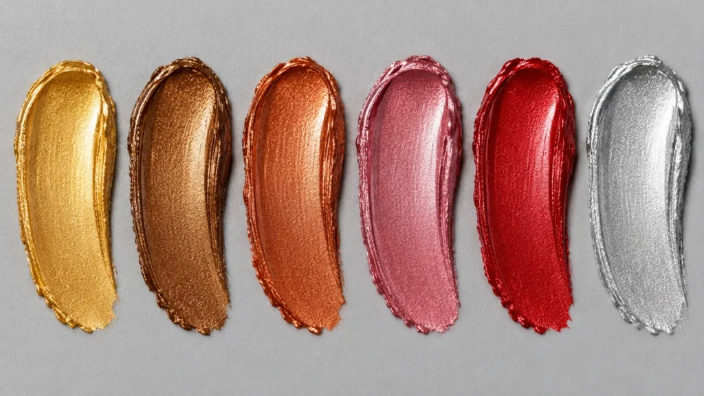 Amostras de batom metalizado dourado, bronze, cobre, rosa, vermelho e prata.