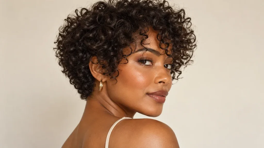 Mulher negra com corte bixie cacheado, franja natural e volume equilibrado.