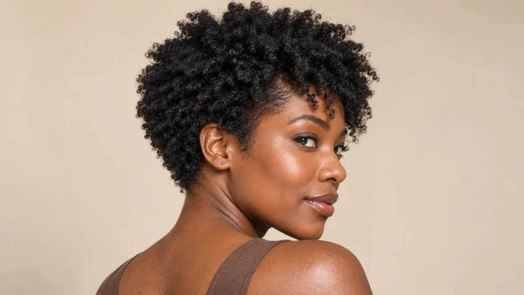 Mulher negra com corte bixie em cabelo crespo, topo volumoso e nuca compacta.