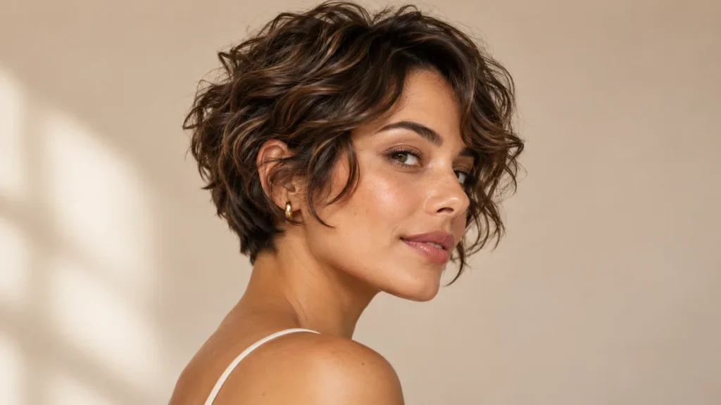 Corte bixie ondulado com camadas leves, nuca curta e franja alongada.