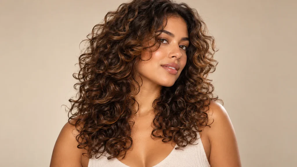 Vista posterior de cabelo cacheado com corte butterfly e camadas distribuídas.