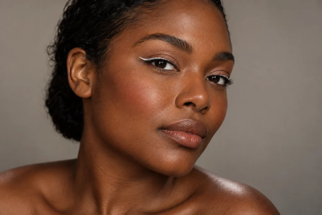 mulher negra usando delineado fino feito com sombra branca