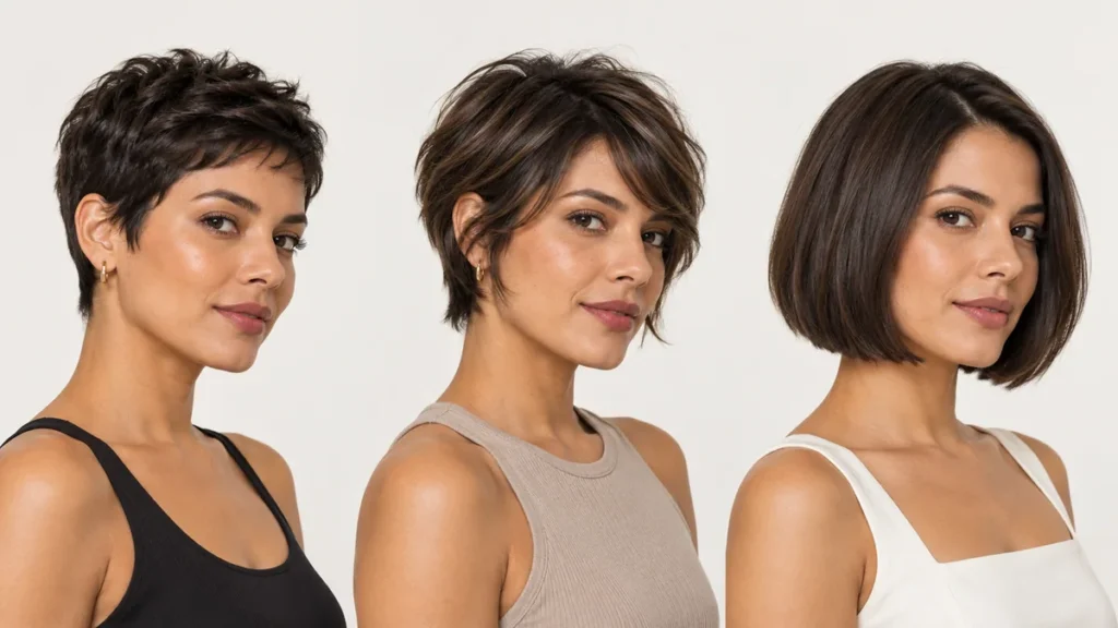 Comparação visual entre os cortes pixie, bixie e bob em três mulheres.