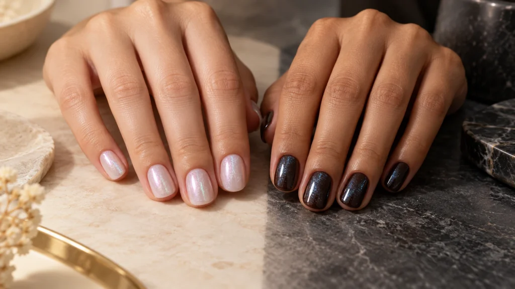 Esmalte cintilante aplicado sobre bases clara e escura