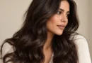 Mulher com cabelo espresso brunette longo, castanho profundo e luminoso, com ondas suaves.