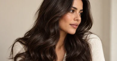 Mulher com cabelo espresso brunette longo, castanho profundo e luminoso, com ondas suaves.