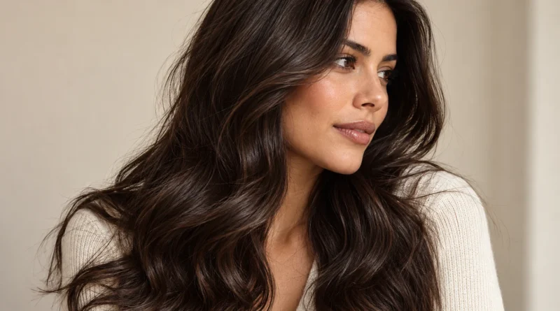 Mulher com cabelo espresso brunette longo, castanho profundo e luminoso, com ondas suaves.