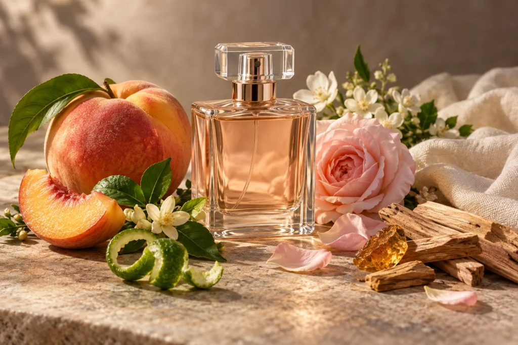 pêssego, flores, musk e madeiras representando diferentes facetas do perfume
