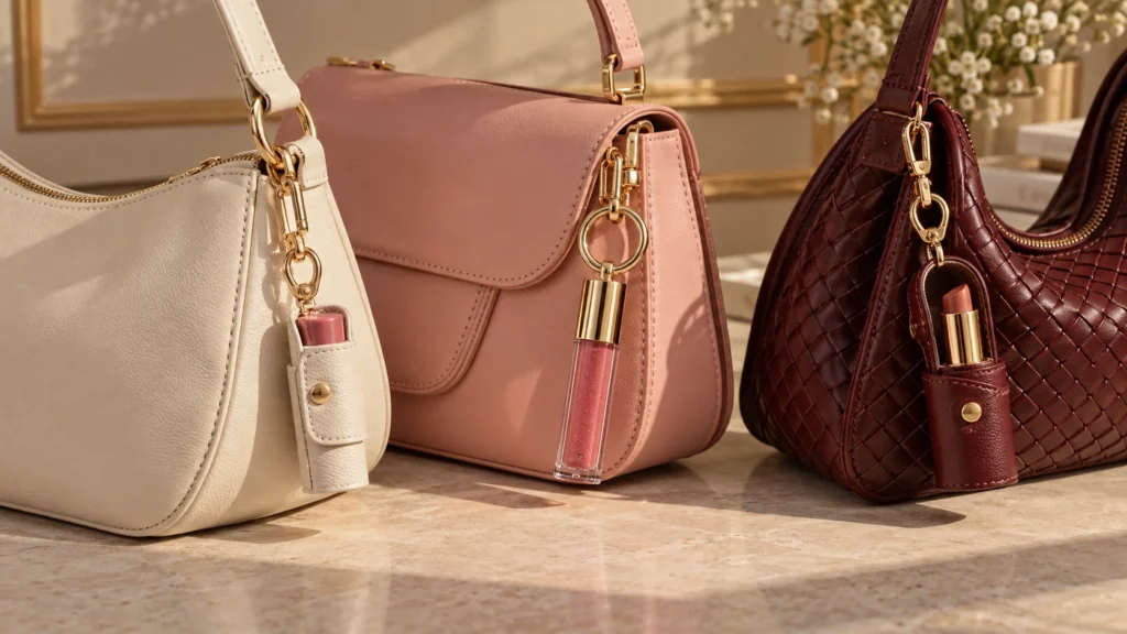 diferentes formas de usar batom, balm e gloss com chaveiro na bolsa