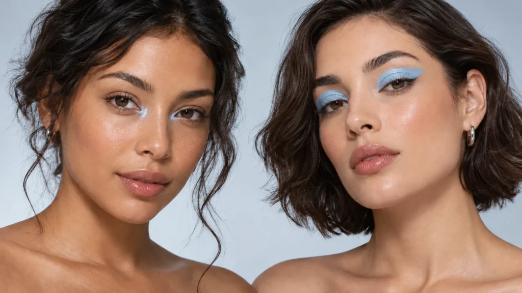 Maquiagem azul-gelo minimalista e aplicação gráfica editorial