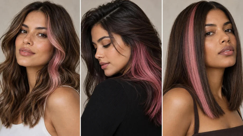 mecha rosa frontal, faixa escondida peekaboo e mecha rosa marcada no cabelo