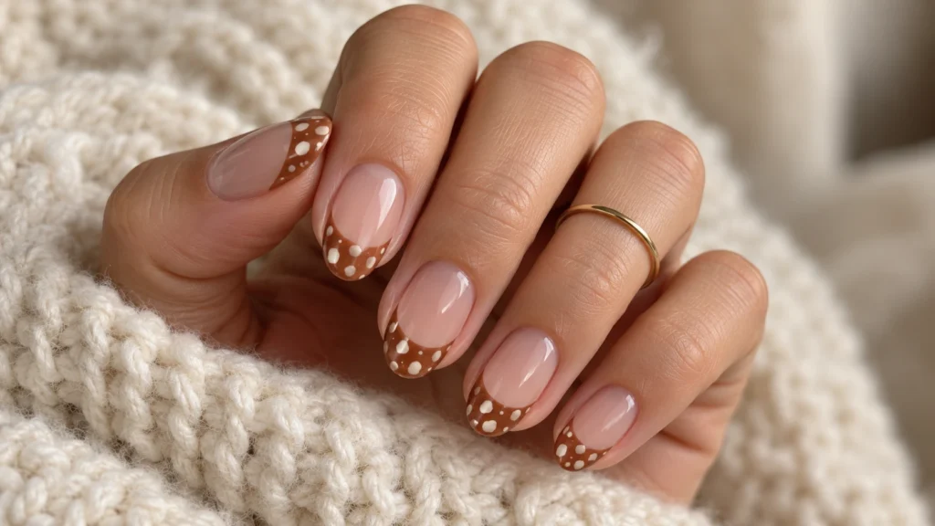 As unhas Bambi transformam o animal print em uma manicure marrom delicada Francesinha Bambi com pontas marrons e pintinhas brancas