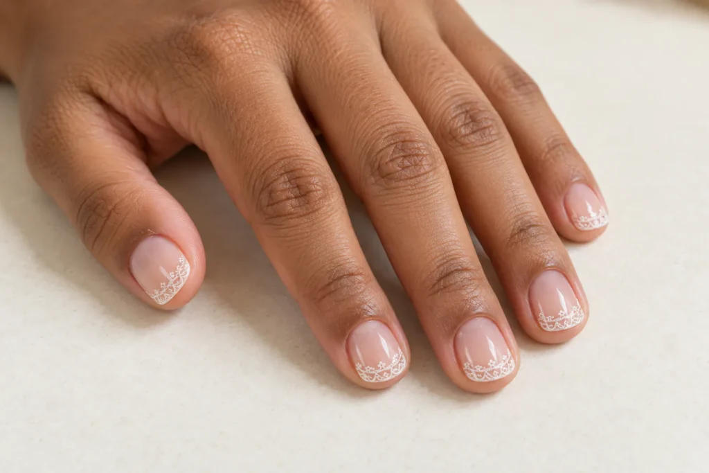 Unhas de renda: a nail art delicada que transforma desenhos em bordados Francesinha de renda branca em unhas curtas e naturais.