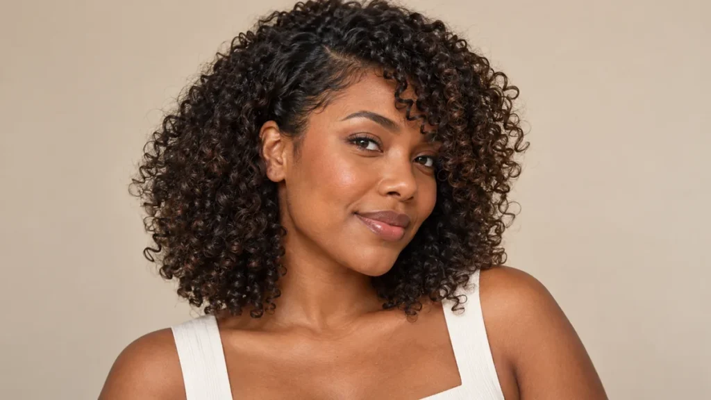Mulher negra com cabelo cacheado natural e franja lateral assimétrica.