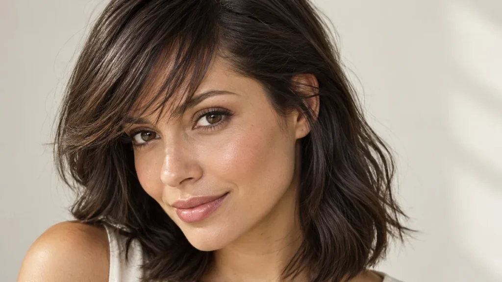Mulher com franja lateral desfiada e pontas leves em cabelo escuro.