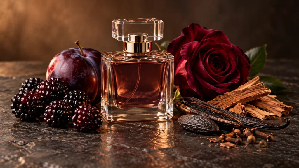 perfume com frutas escuras combinado a flores, madeiras e especiarias