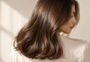 Cabelo castanho com acabamento glass hair, brilho luminoso e movimento natural.