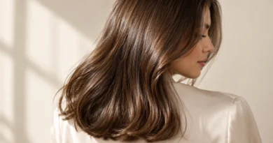 Cabelo castanho com acabamento glass hair, brilho luminoso e movimento natural.