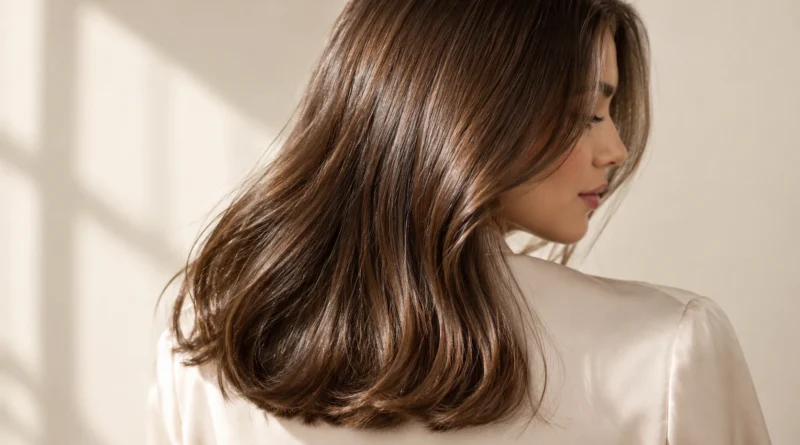 Cabelo castanho com acabamento glass hair, brilho luminoso e movimento natural.