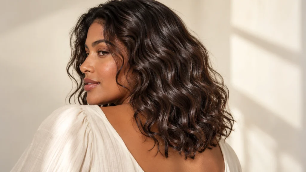 Cabelo ondulado castanho com definição, movimento e acabamento luminoso inspirado no glass hair.