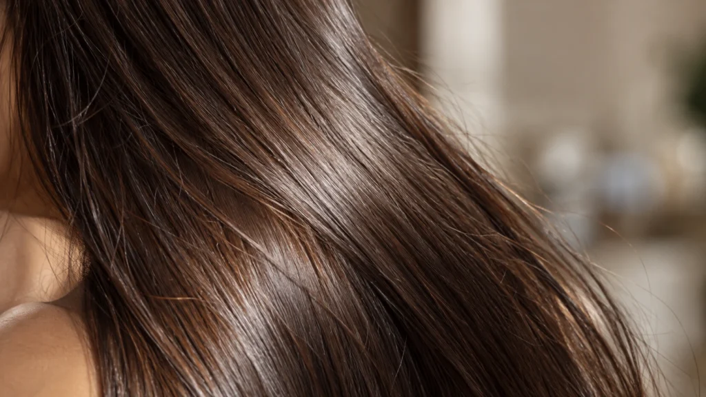 Detalhe de cabelo castanho alinhado com brilho intenso e textura natural dos fios.