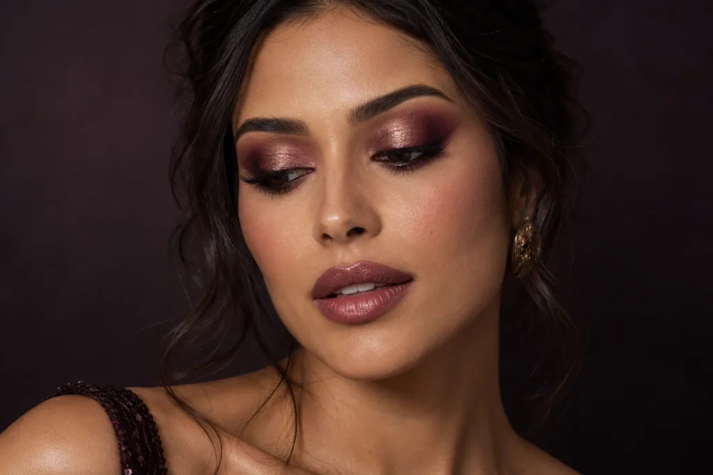 Maquiagem halo eye para a noite com sombras vinho e centro rosa metalizado.