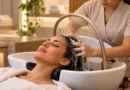 Mulher recebendo uma sessão de head spa com massagem no couro cabeludo e arco de água.