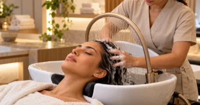 Mulher recebendo uma sessão de head spa com massagem no couro cabeludo e arco de água.