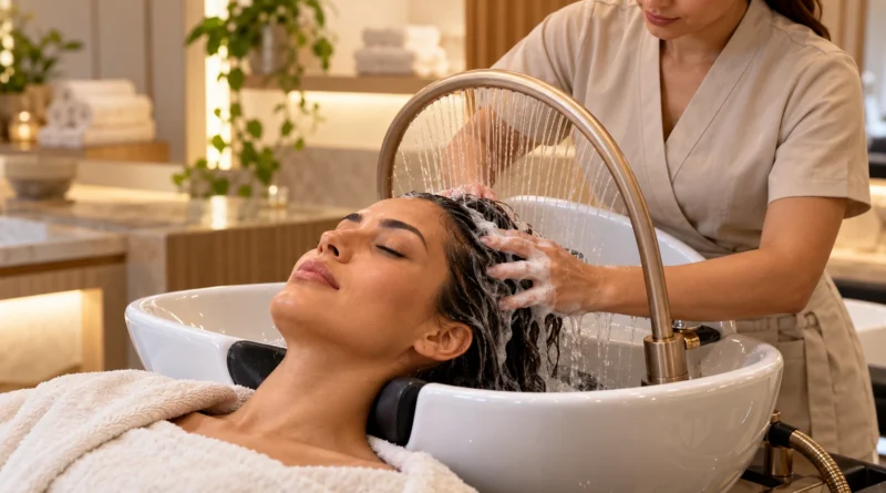 Mulher recebendo uma sessão de head spa com massagem no couro cabeludo e arco de água.