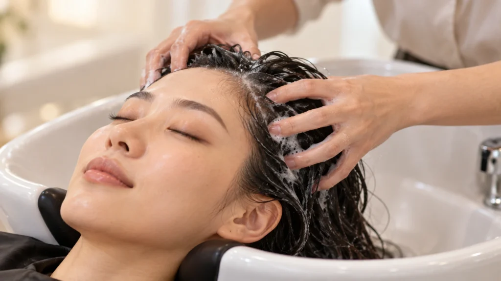 Profissional realizando massagem suave no couro cabeludo durante uma sessão de head spa.