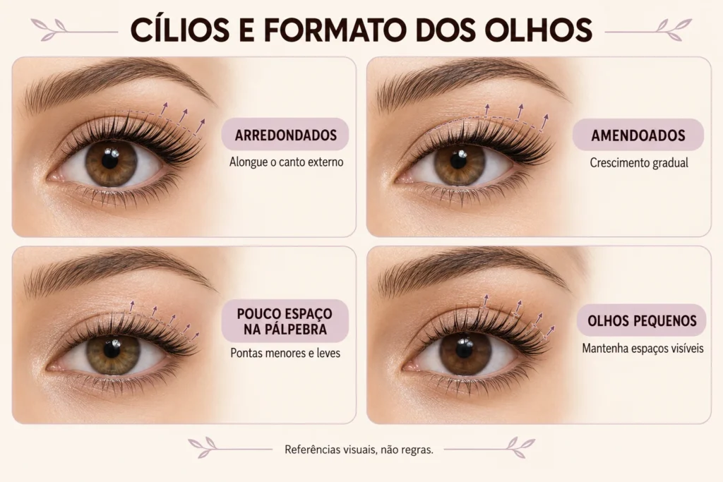 Infográfico com sugestões de cílios efeito molhado para olhos arredondados, amendoados, pequenos e pálpebras com pouco espaço.