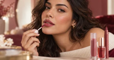 mulher usando lip tint berry com acabamento natural e luminoso