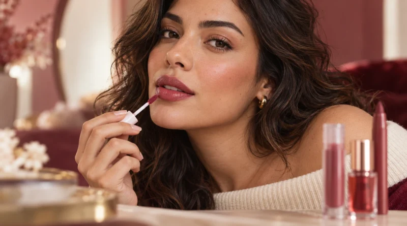 mulher usando lip tint berry com acabamento natural e luminoso