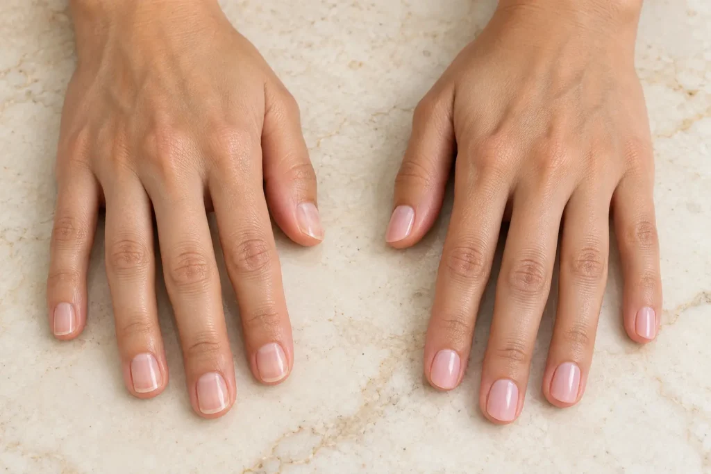 comparação entre manicure japonesa natural e soap nails com esmalte rosado translúcido