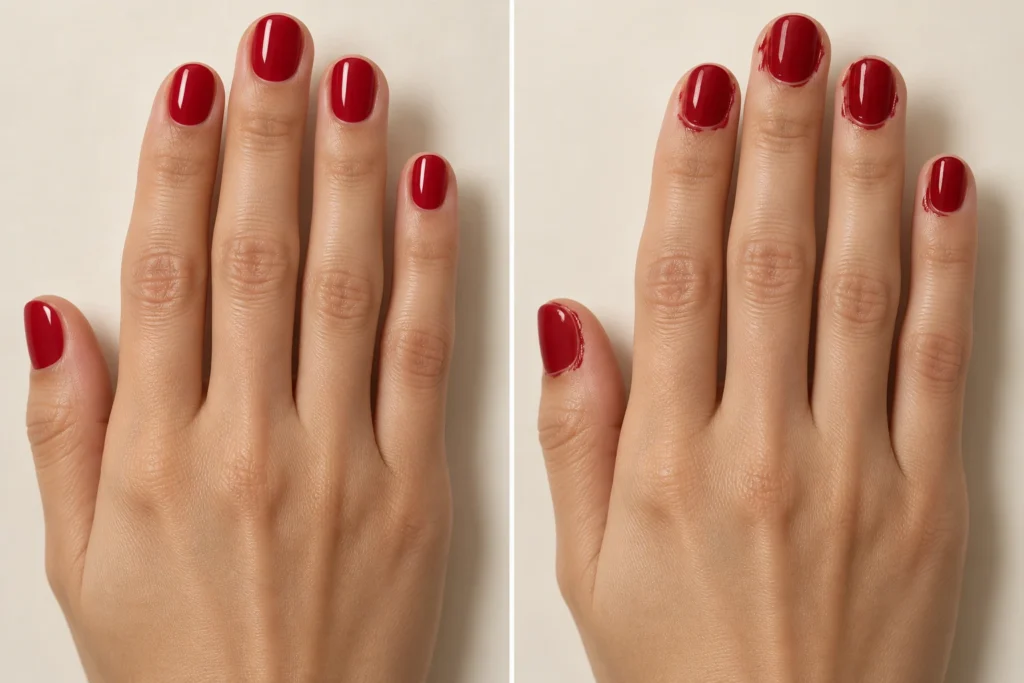 Boyfriend nails: a tendência das unhas borradas de propósito que apareceu na passarela Comparação entre manicure vermelha tradicional e boyfriend nails com acabamento borrado.