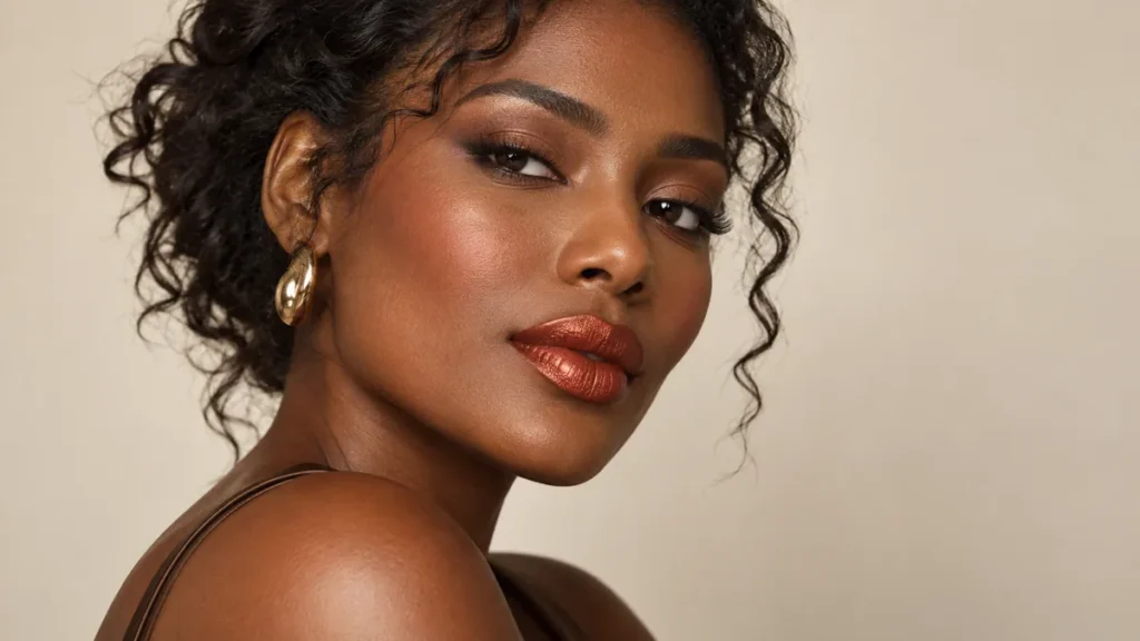 Mulher negra usando batom metalizado vermelho bronze e maquiagem suave.