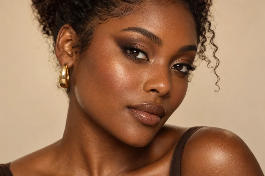 Mulher negra com maquiagem marrom esfumada em tons de chocolate e bronze, com acabamento luminoso nos olhos.