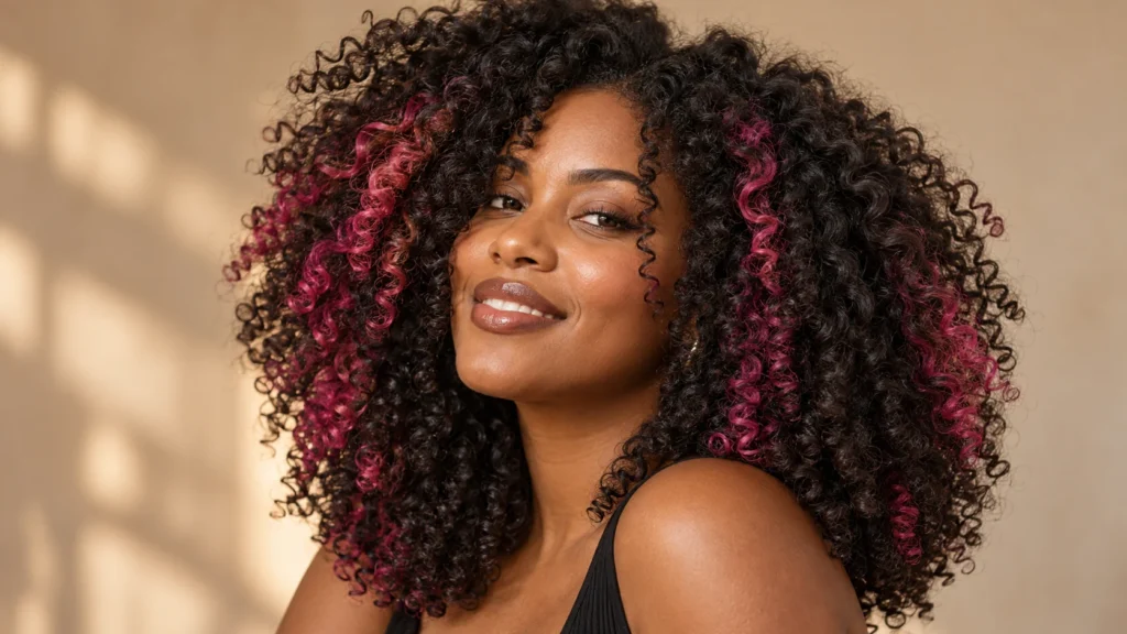mechas rosas acompanhando a textura natural de cabelo cacheado volumoso