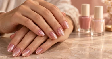 Misturinhas de esmaltes criam cores e efeitos únicos nas unhas Misturinha de esmaltes rosa leitoso e cintilante em unhas arredondadas