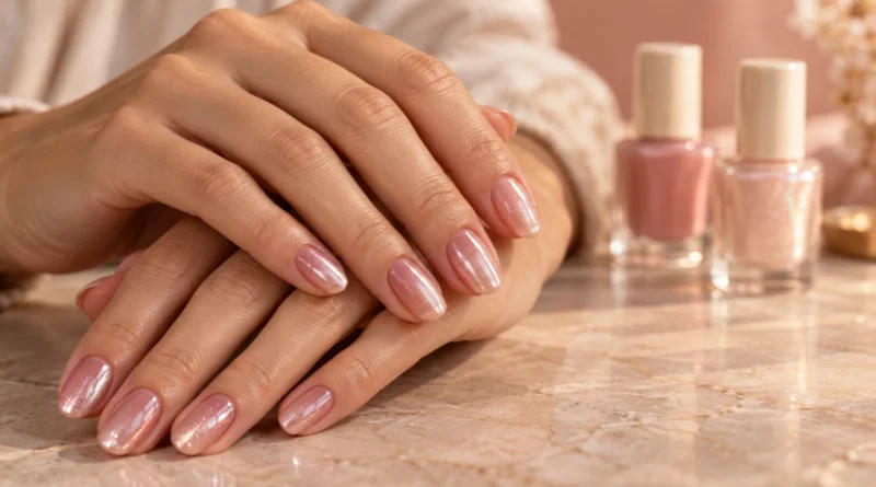 Misturinhas de esmaltes criam cores e efeitos únicos nas unhas Misturinha de esmaltes rosa leitoso e cintilante em unhas arredondadas