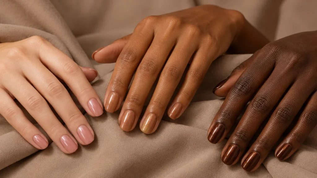 Misturinhas de esmaltes nude, caramelo e café em diferentes tons de pele