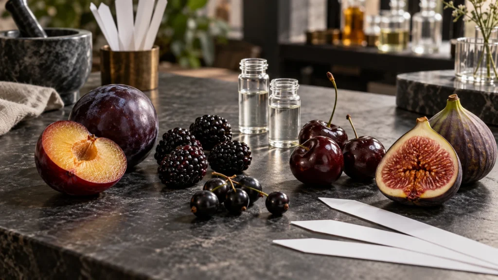ameixa, amora, cassis, cereja-negra e figo usados como notas de perfumaria